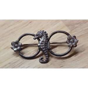 Vintage KJM Co Seahorse and Flowers Brooch - Rare Design - Sterling Silver